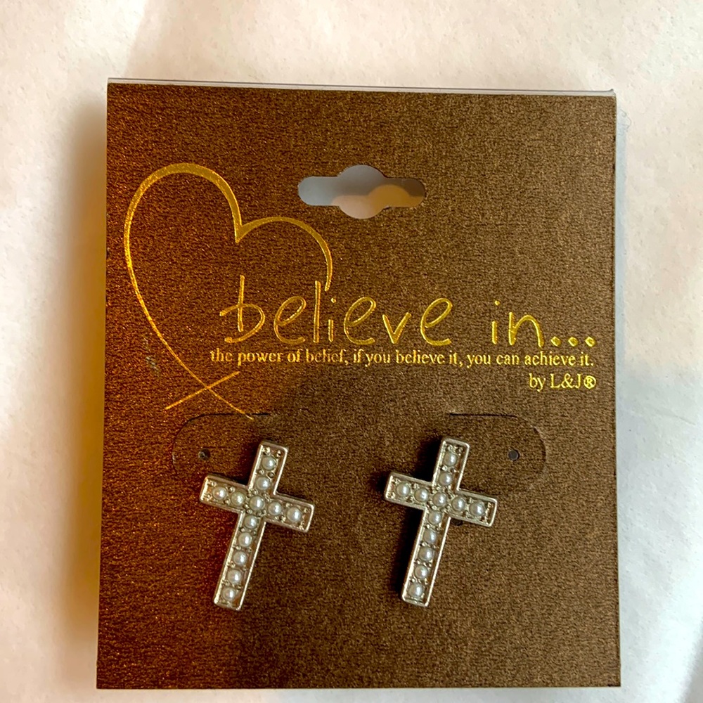 Silver Pearl Cross Stud Earrings